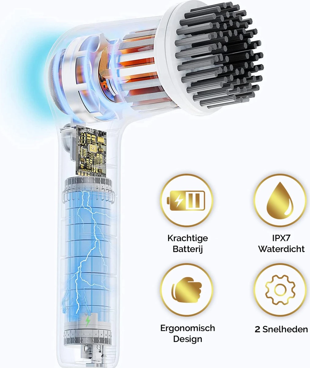 MostEssential Premium Elektrische Schoonmaakborstel 2023 Model – Elektrische Schrobber - Schrobborstel - Poetsmachine – Voor Badkamer Of Keuken - Inclusief 4 Borstelkoppen - Afbeelding 8