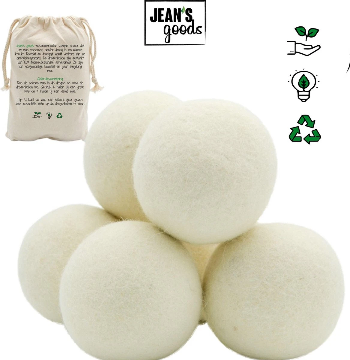 Jean's Goods Drogerballen - Droogballen - Wasdrogerballen - Wasdroger Ballen - Wasbol - Wasbollen - Wasballen - Energiebesparende Producten - Energiebesparend - Duurzaam Cadeau - RWS Wol - Zero Waste - Wasverzachter - Beige - 6 Stuks - Afbeelding 6