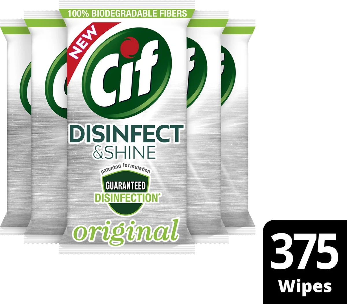 Cif Disinfect & Shine Wipes Doden 99,99% Van De Bacteriën Original Desinfecterende Schoonmaakdoekjes, Van 100% Biologisch Afbreekbaar Textiel 5 X 75 Doekjes - Afbeelding 6