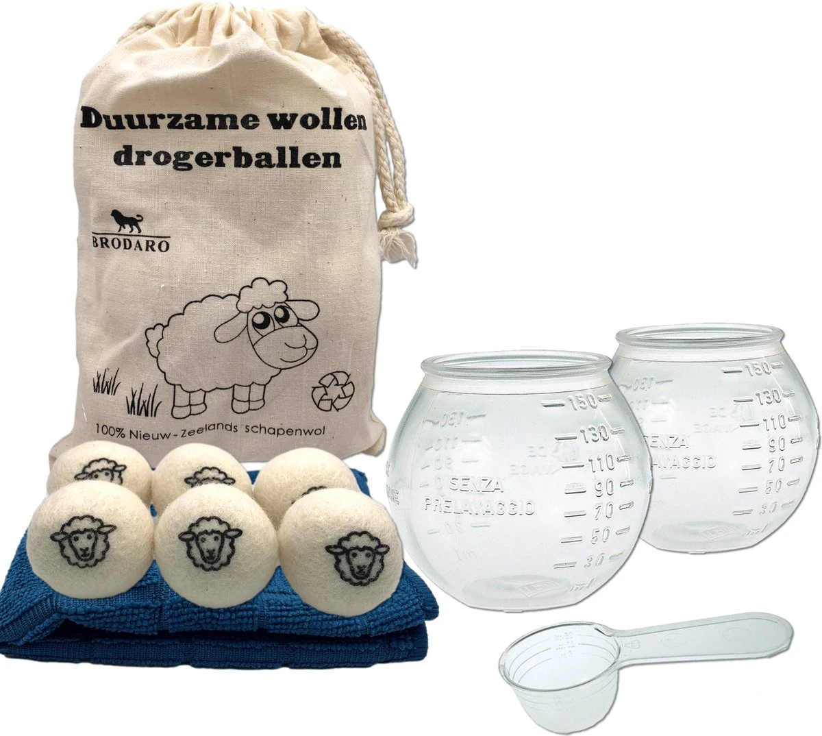 Waspakket - 6 Drogerballen - 2 Wasbollen - Maatschepje - Wasdoekje - Doseerbol - Wasbol - Doseerbollen