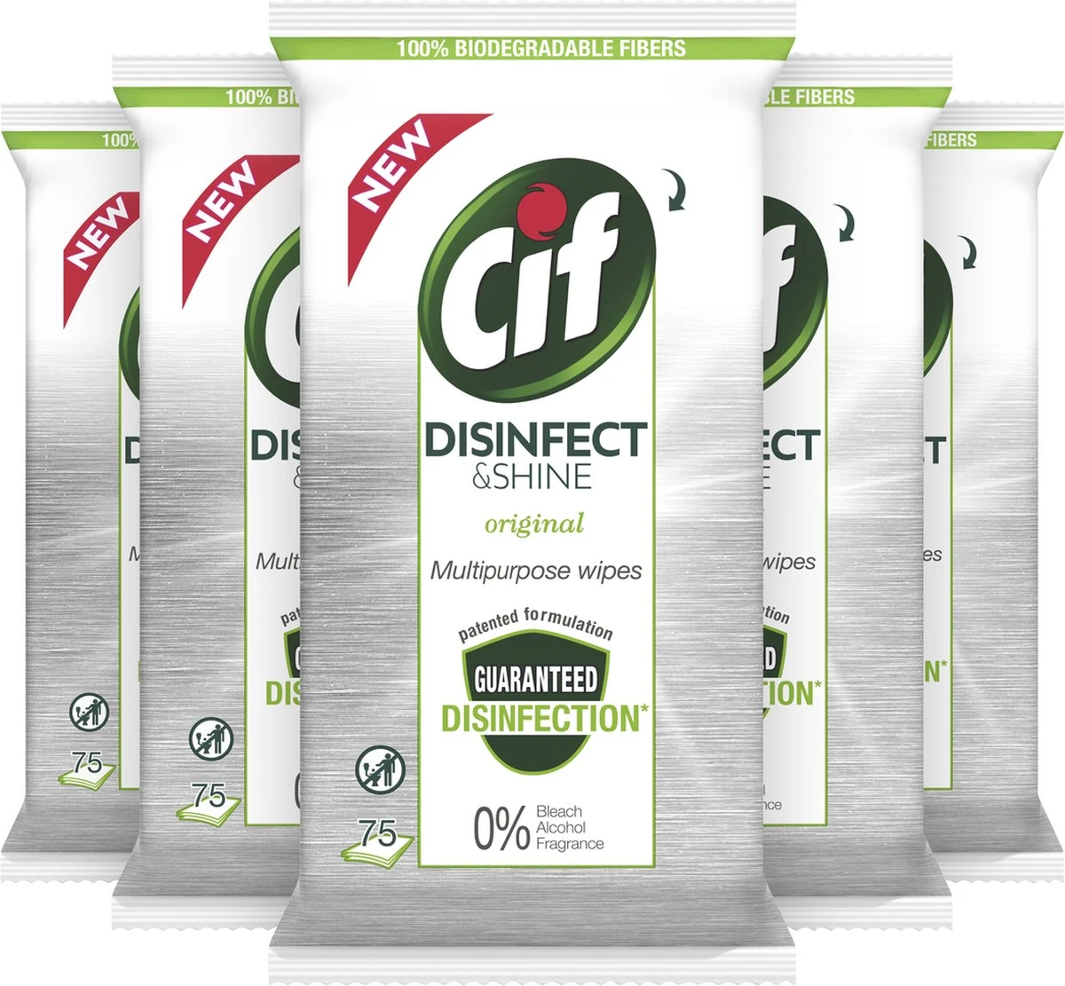 Cif Disinfect & Shine Wipes Doden 99,99% Van De Bacteriën Original Desinfecterende Schoonmaakdoekjes, Van 100% Biologisch Afbreekbaar Textiel 5 X 75 Doekjes - Afbeelding 4