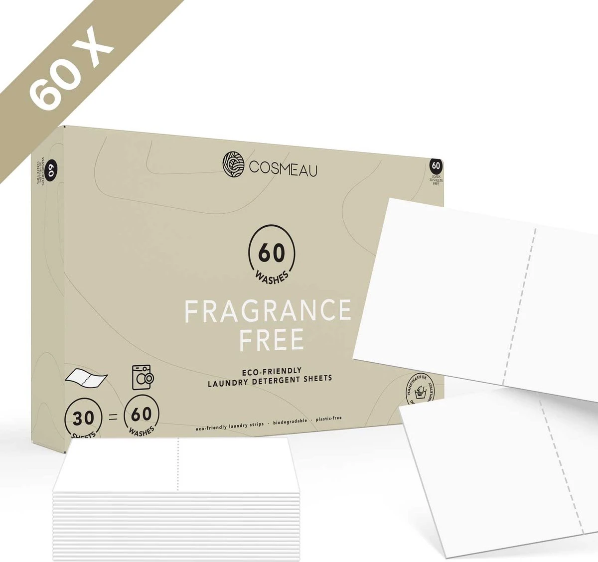 Cosmeau Wasmiddel Wasstrips 60 Wasbeurten Geurvrij Geurloos Wasvellen Wasdoekjes Detergent Sheets - Plasticvrij Biologisch Cosmo Cosmea Kosmo