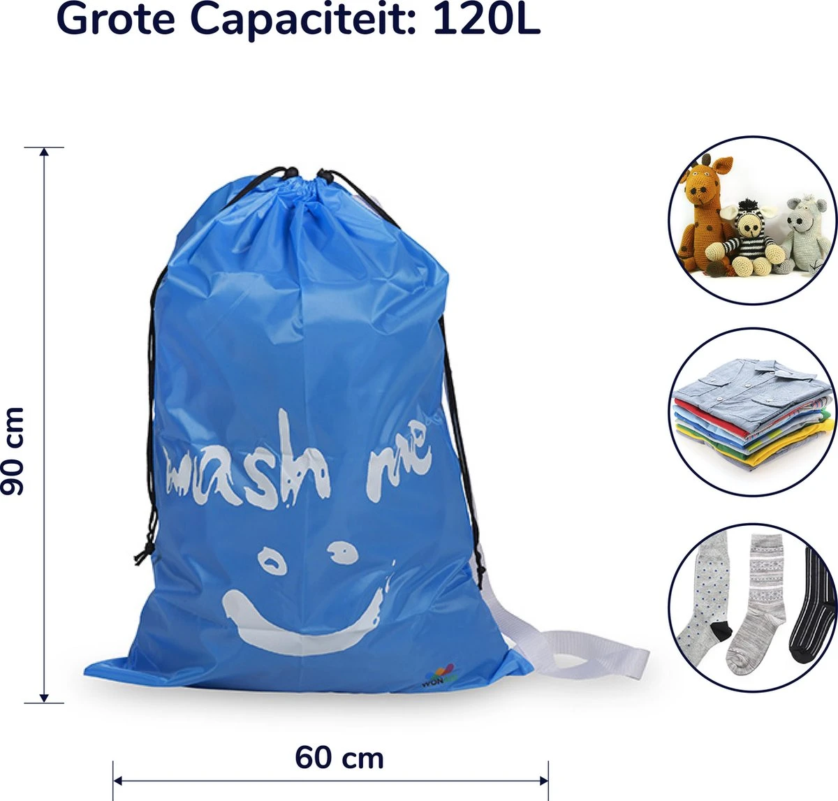 Wonair - Grote Waszak - 60x90cm - Hemelsblauw - Met Trekkoord En Draagband - Afbeelding 5