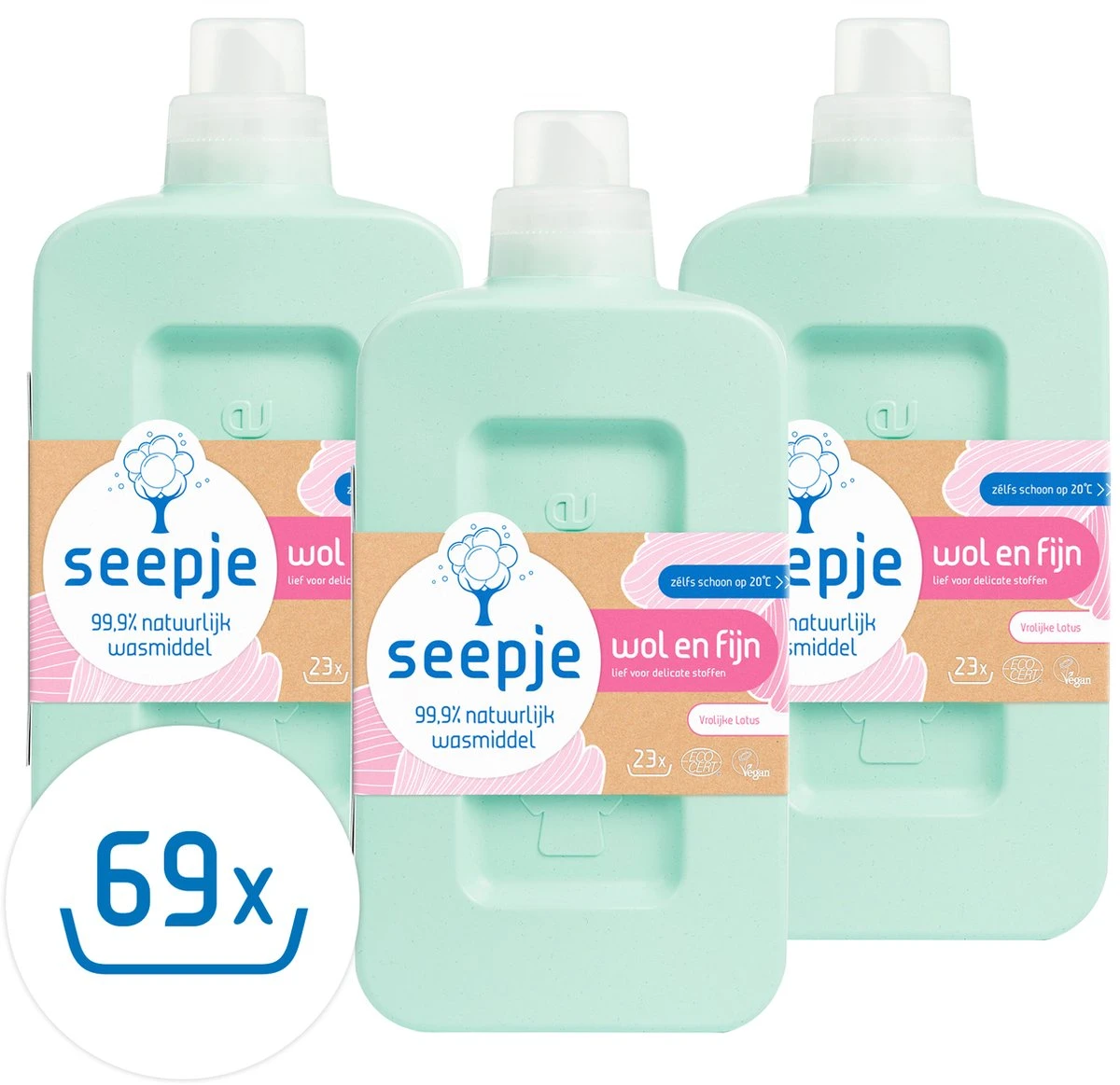 Seepje Wasmiddel - Vrolijke Lotus - Wasmiddel Wol En Fijn – Natuurlijke Ingredienten - 3 X 23 Wasbeurten - 3 X 1L