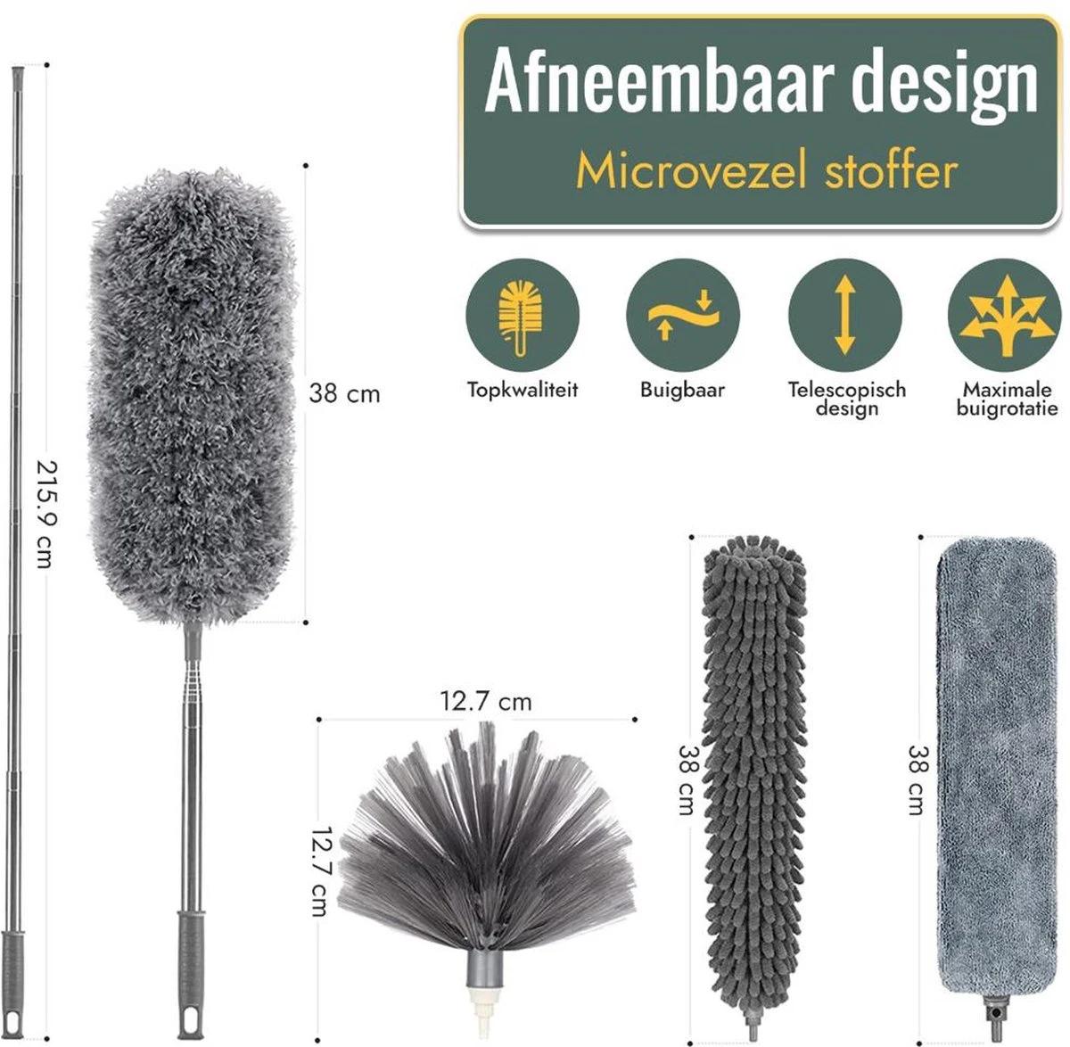 Livv Goods Telescopische Plumeau Set Met Telescoopsteel - 5 In 1 - Tot 250 Cm Uitschuifbaar - Duster - Stoffer - Afbeelding 6