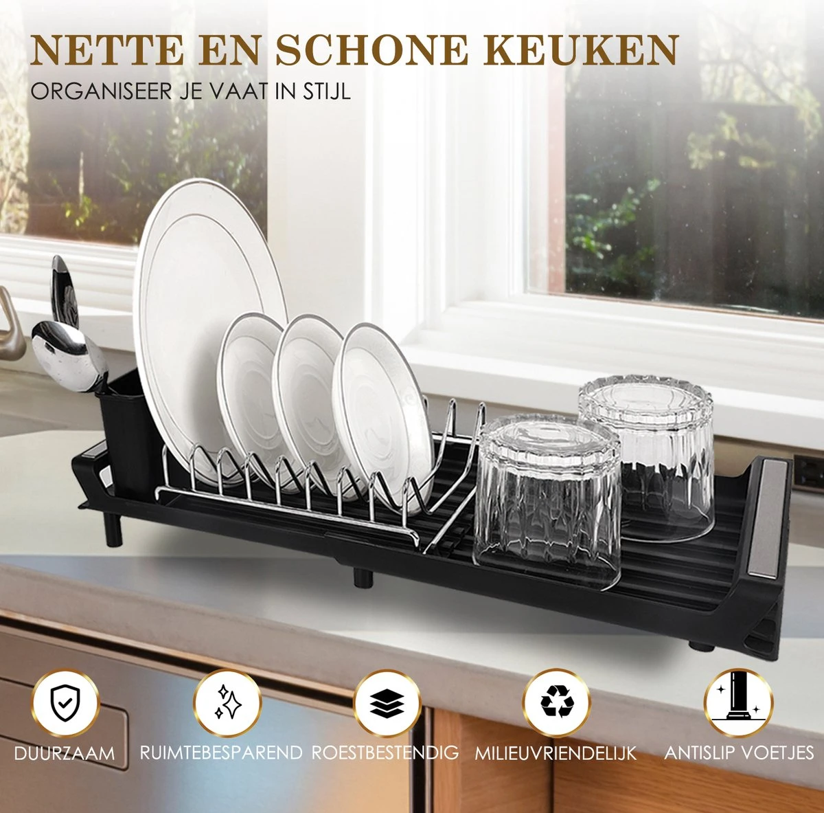 MIRI Afdruiprek – Afwasrek – Uitschuifbaar – Met Lekbak In Gootsteen – Afwas – Roestvrij Staal – Zwart - Afbeelding 7