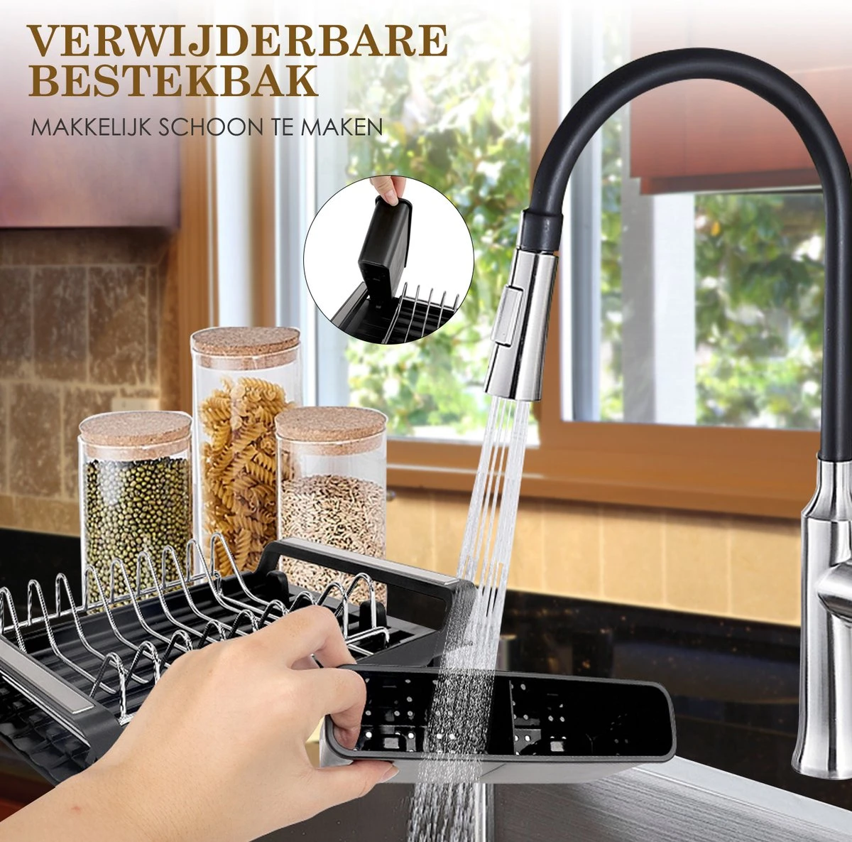 MIRI Afdruiprek – Afwasrek – Uitschuifbaar – Met Lekbak In Gootsteen – Afwas – Roestvrij Staal – Zwart - Afbeelding 6