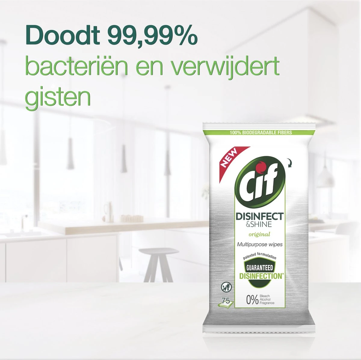 Cif Disinfect & Shine Wipes Doden 99,99% Van De Bacteriën Original Desinfecterende Schoonmaakdoekjes, Van 100% Biologisch Afbreekbaar Textiel 5 X 75 Doekjes - Afbeelding 8