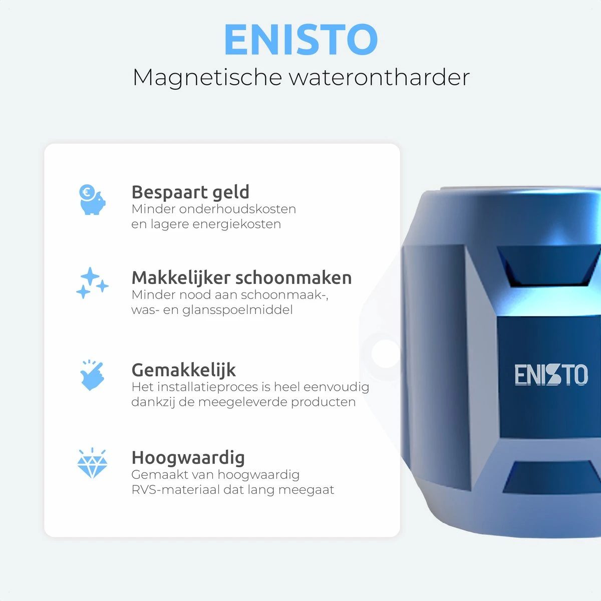 ENISTO® Magnetische Waterontharder Medium – Waterontharder Magneet – Douchefilter – 15.000 Gauss – Waterontkalker – Waterverzachter – Antikalk – Blauw – RVS - Afbeelding 3