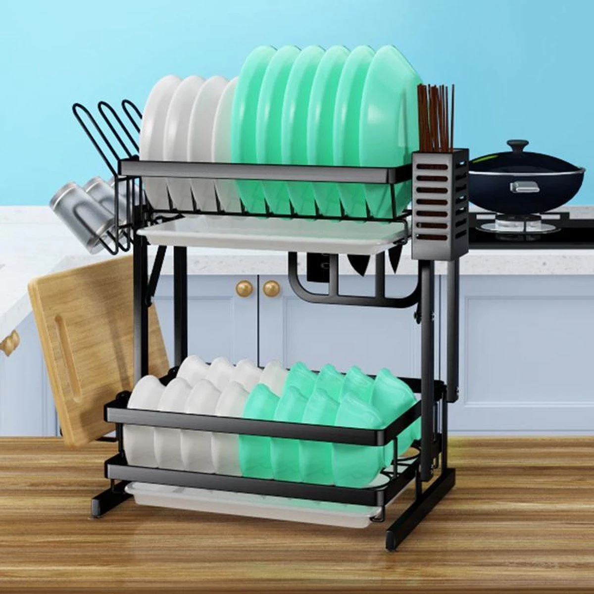 TammaT - Afdruiprek Met Lekbak 2 Laags – Inklapbaar - Afwasrek – Met 2 Lekbakken – Extra Accessories Voor Servies En Snijplanken - RVS - 38x35x26,5cm - Afbeelding 5