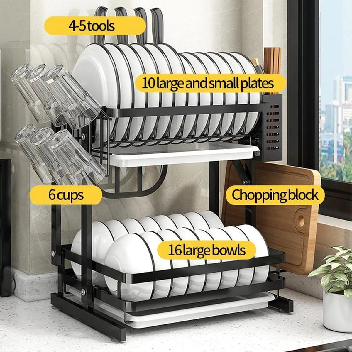 TammaT - Afdruiprek Met Lekbak 2 Laags – Inklapbaar - Afwasrek – Met 2 Lekbakken – Extra Accessories Voor Servies En Snijplanken - RVS - 38x35x26,5cm - Afbeelding 11