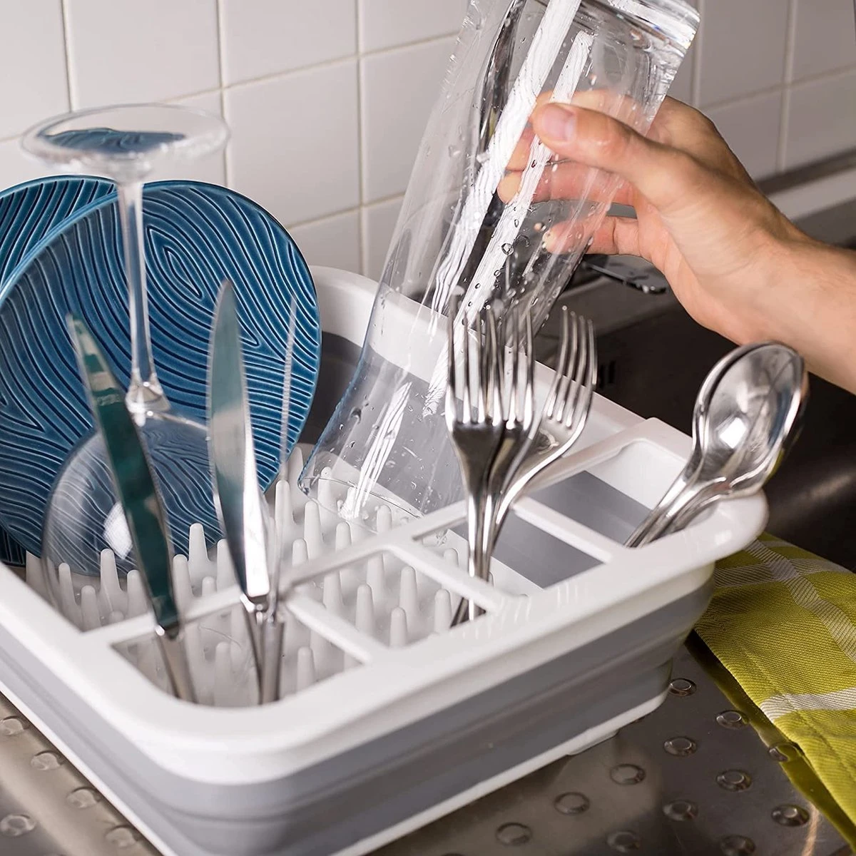 Amazy Afdruiprek Opvouwbaar & Bpa-vrij - Afdruiprek Voor Het Drogen Van Bestek, Borden, Glazen & Flessen - Afdruipmat In Grijs-wit Van Kunststof & Silicone Voor Gootsteen, Spoelbakken, Keuken - Afbeelding 3