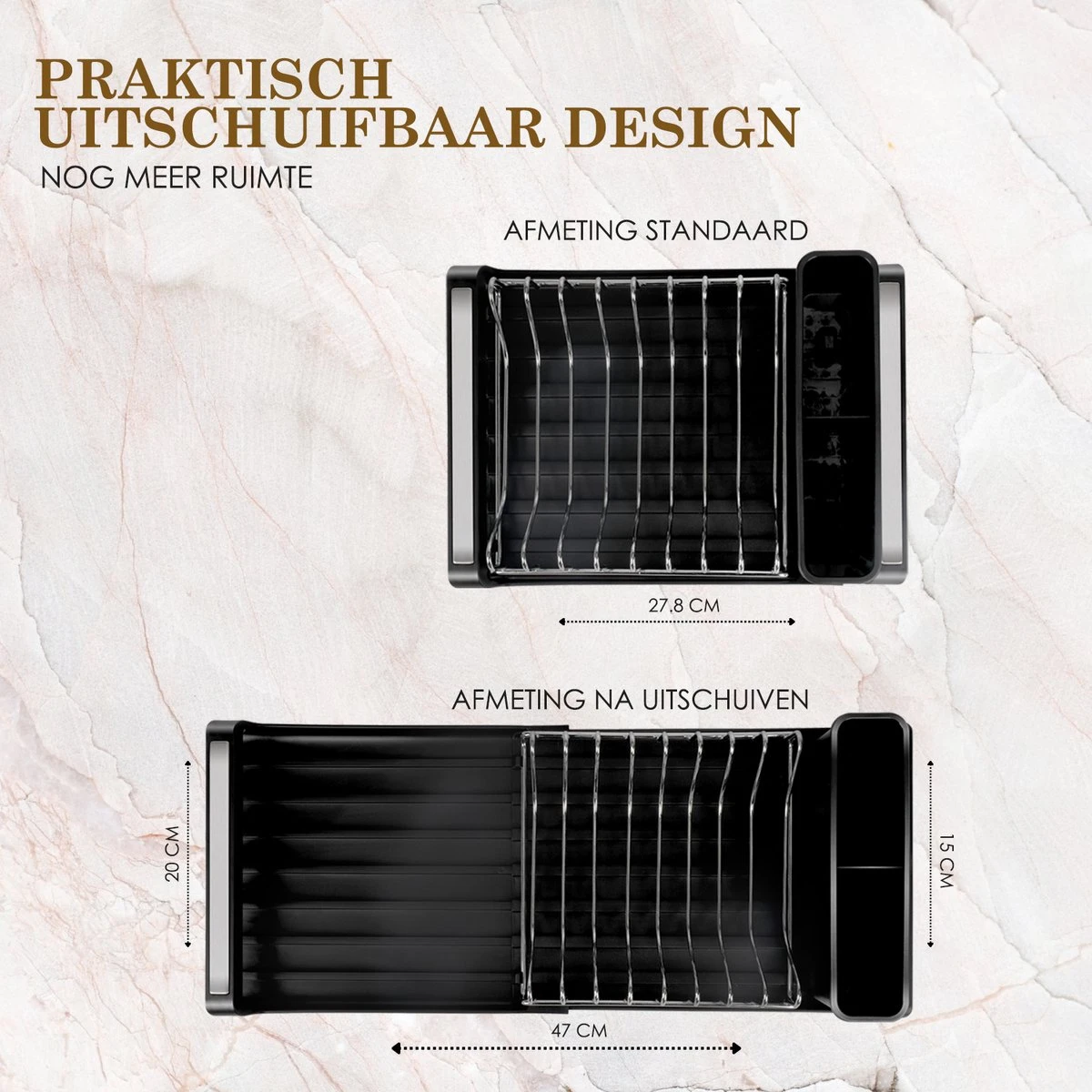 MIRI Afdruiprek – Afwasrek – Uitschuifbaar – Met Lekbak In Gootsteen – Afwas – Roestvrij Staal – Zwart - Afbeelding 3
