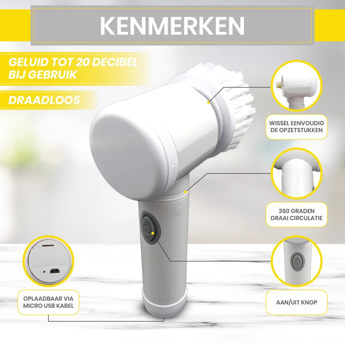 Lenga Elektrische Schoonmaakborstel - 5 In 1 Borstel - Oplaadbaar - Wasborstel - Schoonmaakmiddelen - Schrobborstels - Afbeelding 3