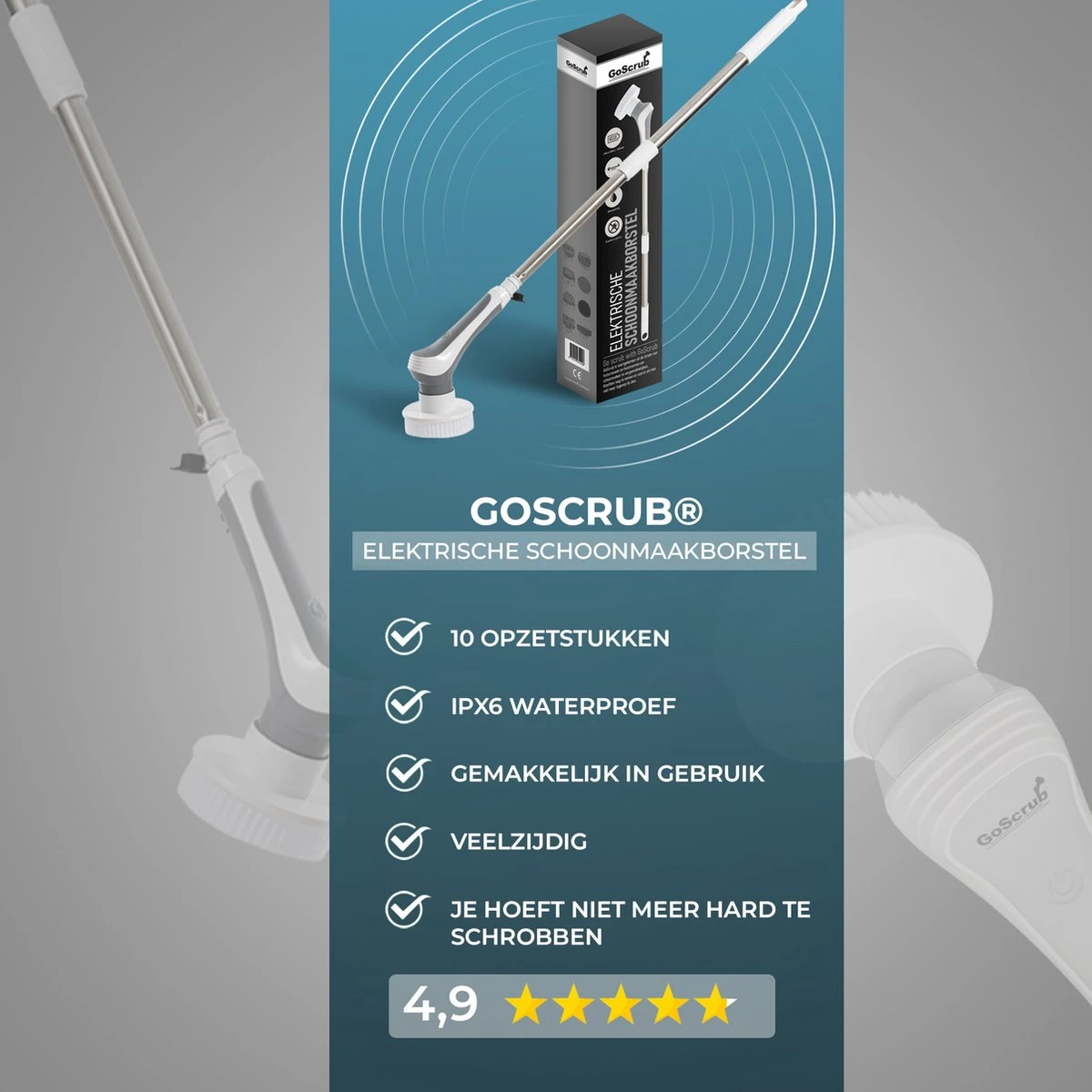 GoScrub® Elektrische Schoonmaakborstel – Elektrische Schrobber - Schrobborstel – Voor Badkamer Of Keuken – Schrobber Met Steel – Luiwagen – Polijstmachine - Poetsmachine Met 10 Opzetstukken - Afbeelding 5