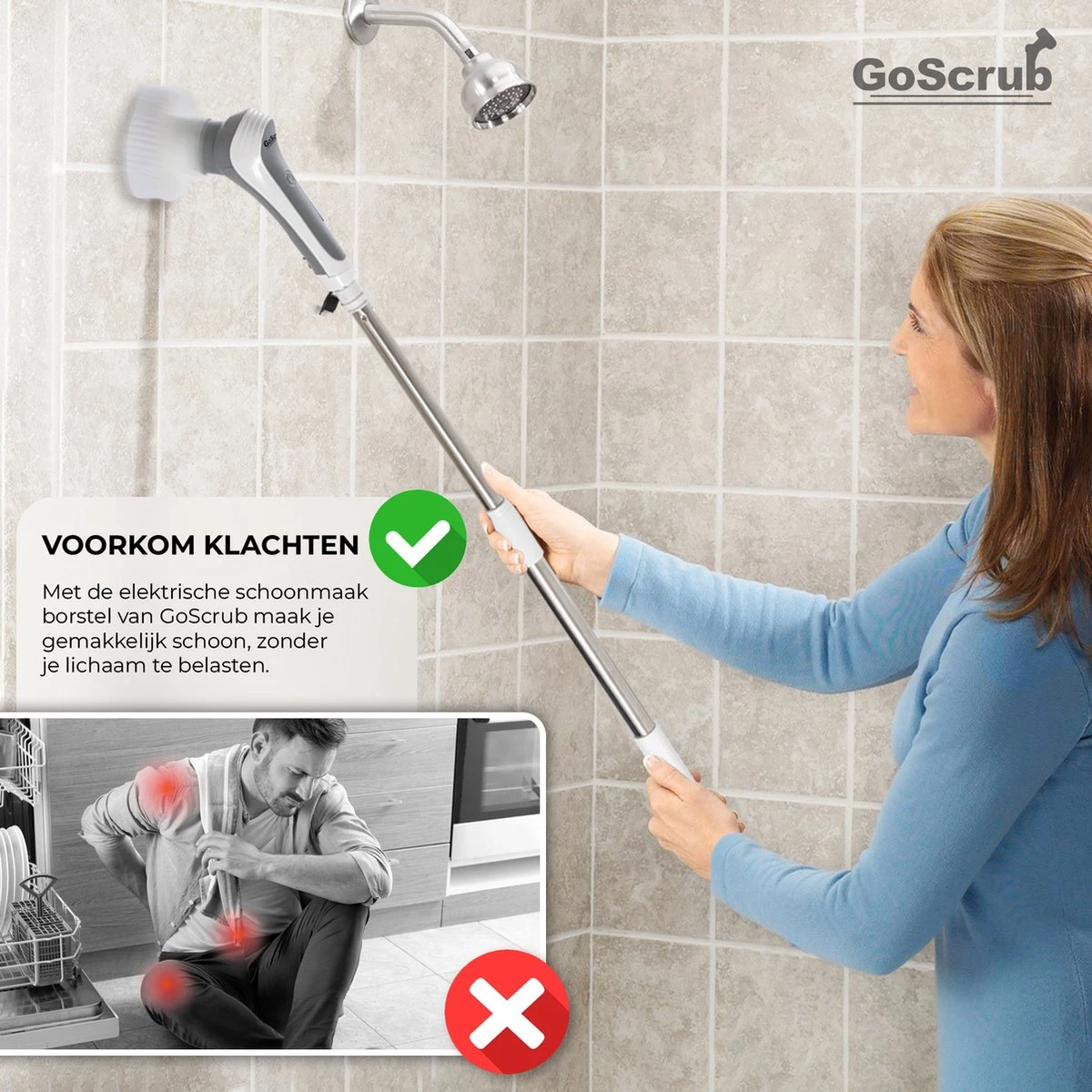 GoScrub® Elektrische Schoonmaakborstel – Elektrische Schrobber - Schrobborstel – Voor Badkamer Of Keuken – Schrobber Met Steel – Luiwagen – Polijstmachine - Poetsmachine Met 10 Opzetstukken - Afbeelding 8
