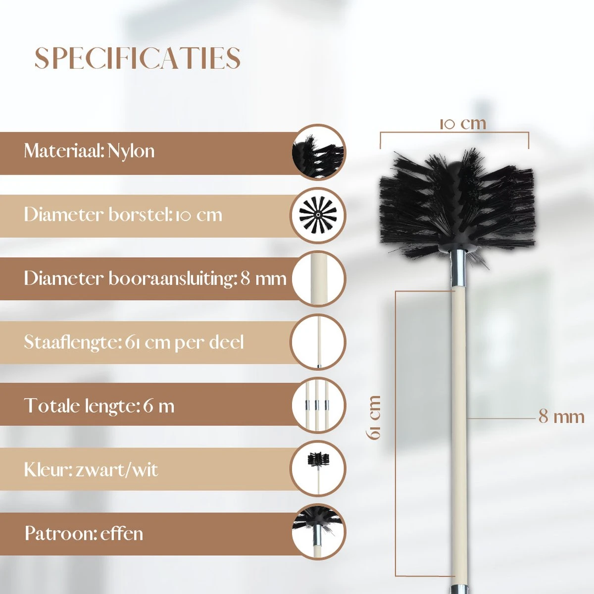 Waay Lifestyle Schoorsteenveegset - Schoorsteenborstel 6 Meter - Schoorsteenreiniger - Schrobborstels - Schoorsteenveger - Flexibele Steel - Geschikt Voor Boormachine - Wit - Afbeelding 7