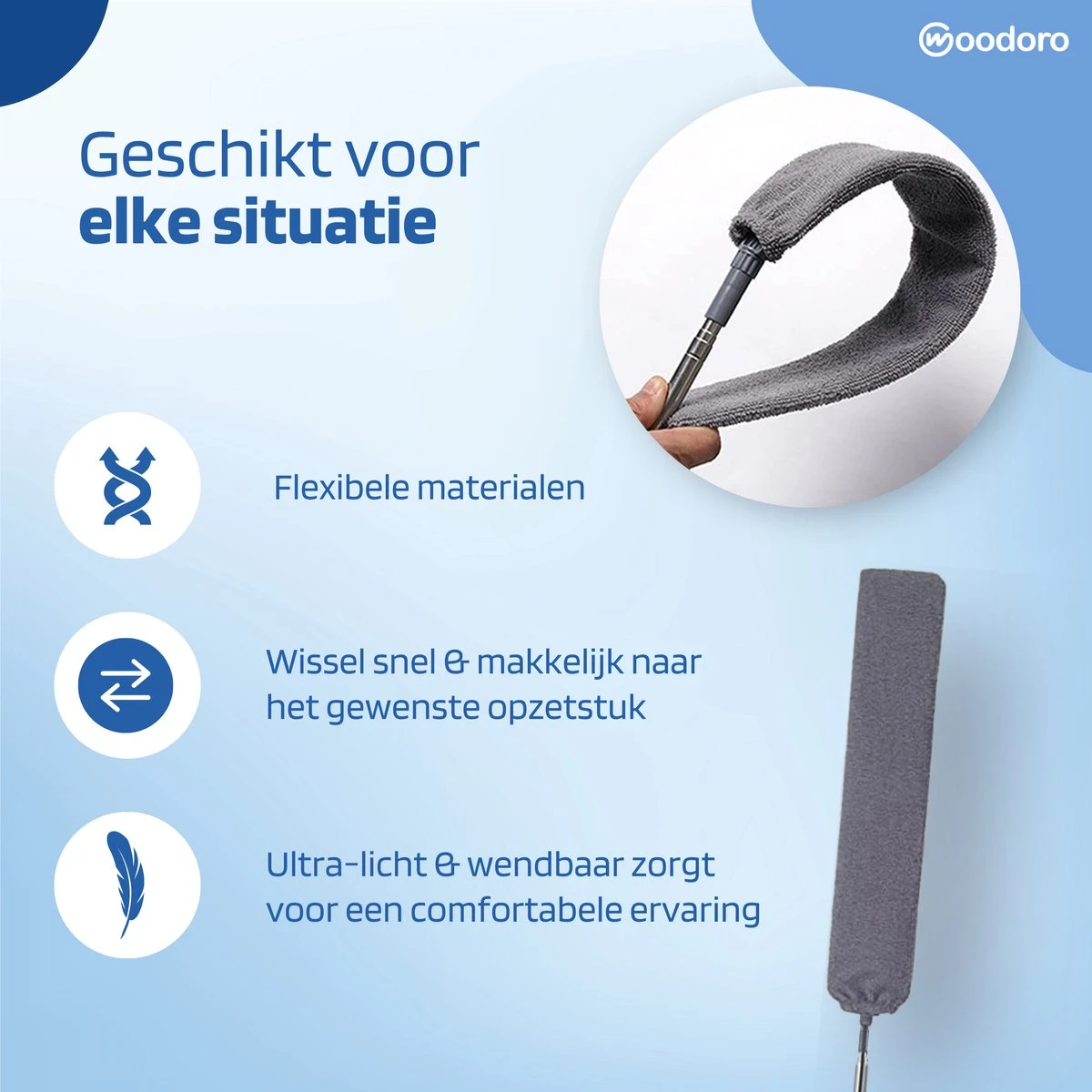 Woodoro Ragebol Uitschuifbaar Complete 9-Delige Set - Verstelbare Telescoopsteel - Plumeau - RVS - Zwart & Grijs - Afbeelding 3