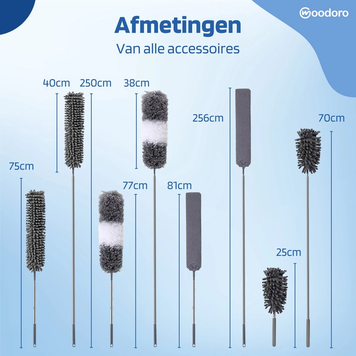 Woodoro Ragebol Uitschuifbaar Complete 9-Delige Set - Verstelbare Telescoopsteel - Plumeau - RVS - Zwart & Grijs - Afbeelding 6