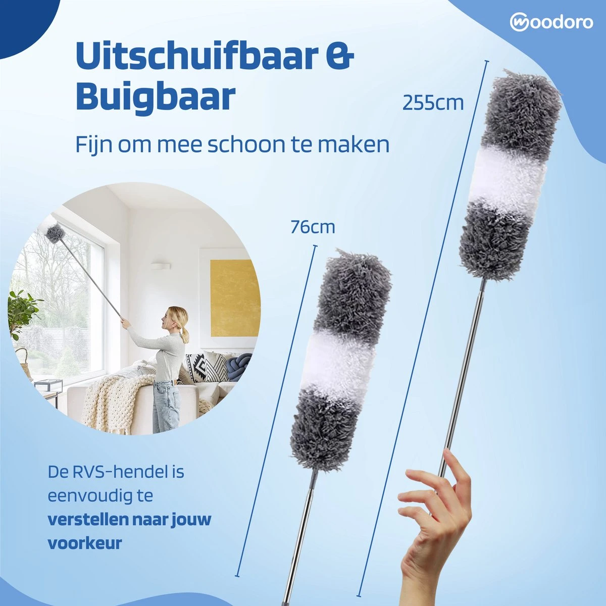 Woodoro Ragebol Uitschuifbaar Complete 9-Delige Set - Verstelbare Telescoopsteel - Plumeau - RVS - Zwart & Grijs - Afbeelding 10