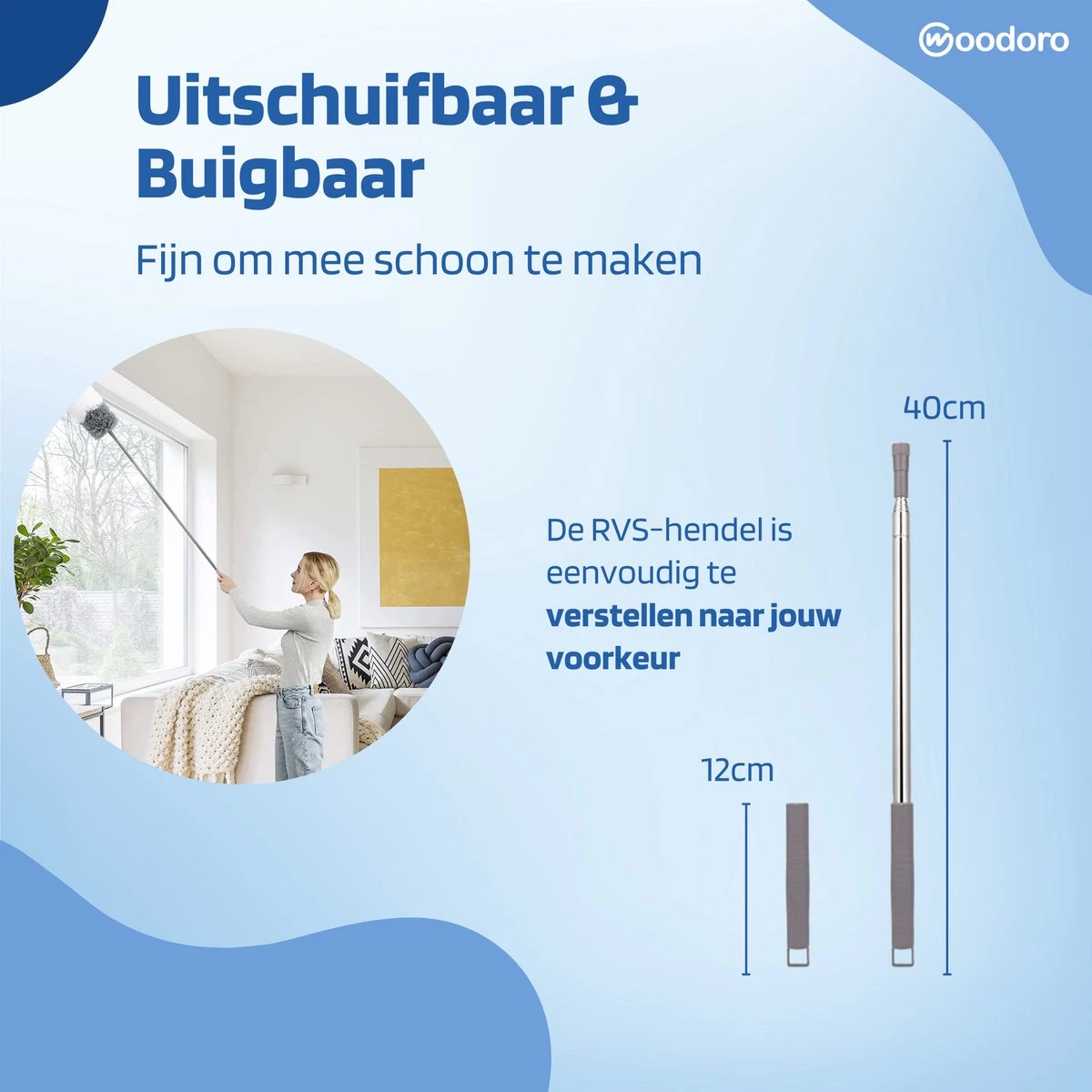 Woodoro Ragebol Uitschuifbaar Complete 9-Delige Set - Verstelbare Telescoopsteel - Plumeau - RVS - Zwart & Grijs - Afbeelding 11