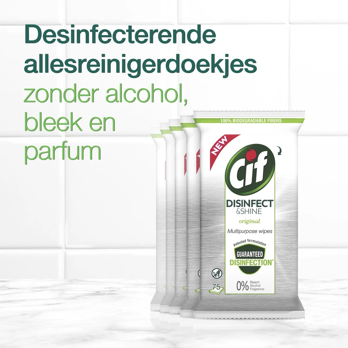 Cif Disinfect & Shine Wipes Doden 99,99% Van De Bacteriën Original Desinfecterende Schoonmaakdoekjes, Van 100% Biologisch Afbreekbaar Textiel 5 X 75 Doekjes - Afbeelding 9