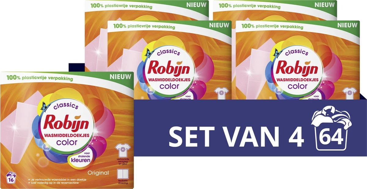 Robijn Classics Color Wasmiddeldoekjes - 4 X 16 Wasstrips - Voordeelverpakking