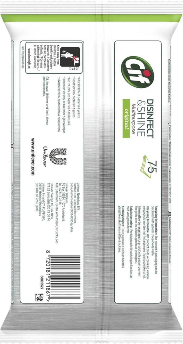 Cif Disinfect & Shine Wipes Doden 99,99% Van De Bacteriën Original Desinfecterende Schoonmaakdoekjes, Van 100% Biologisch Afbreekbaar Textiel 5 X 75 Doekjes - Afbeelding 5